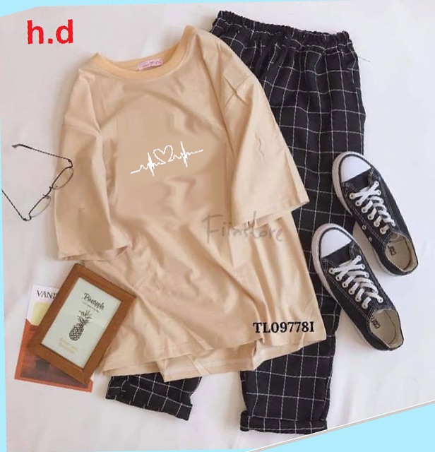 Sét áo nhịp tim + quần kẻ đen nhỏ HĐ12 , Áo thun nam nữ, quần kaki, quần nữ, sét bộ mặc ở nhà MODY