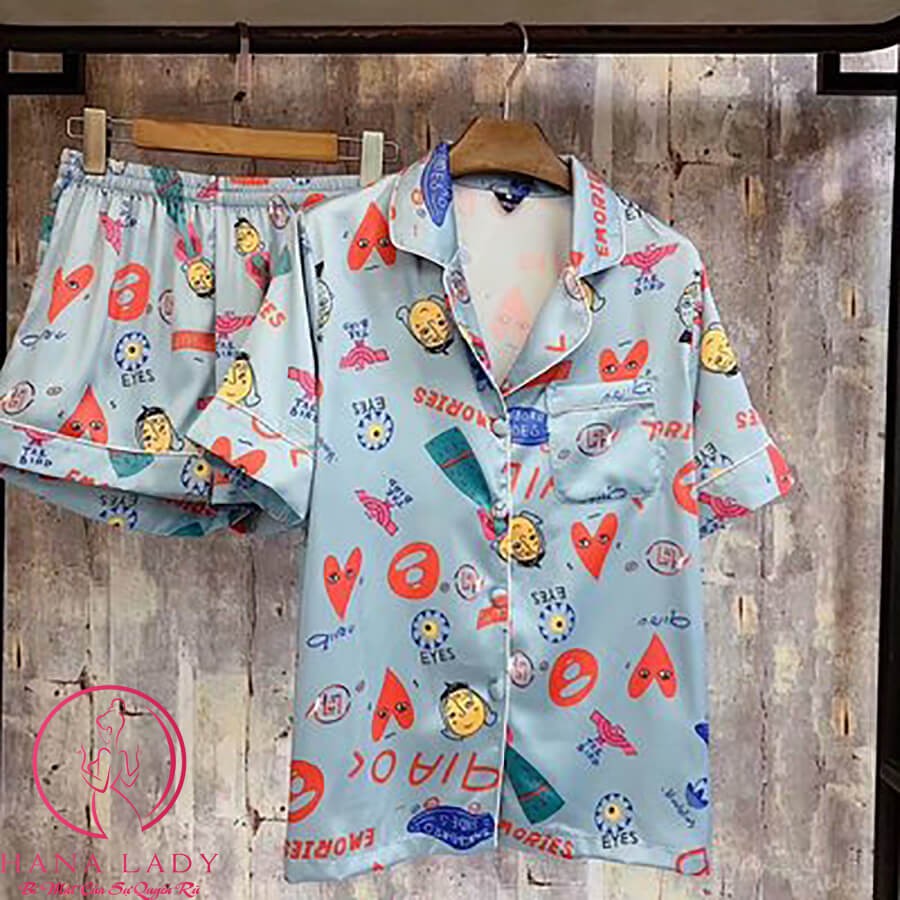 Pijama lụa tơ cao cấp họa tiết hoạt hình PJ358