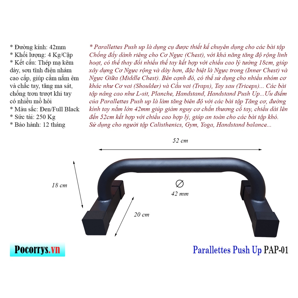 Combo 3 bộ Xà kép Parallettes, Dụng cụ chống đẩy Pocorrys 05, Màu đen đỏ