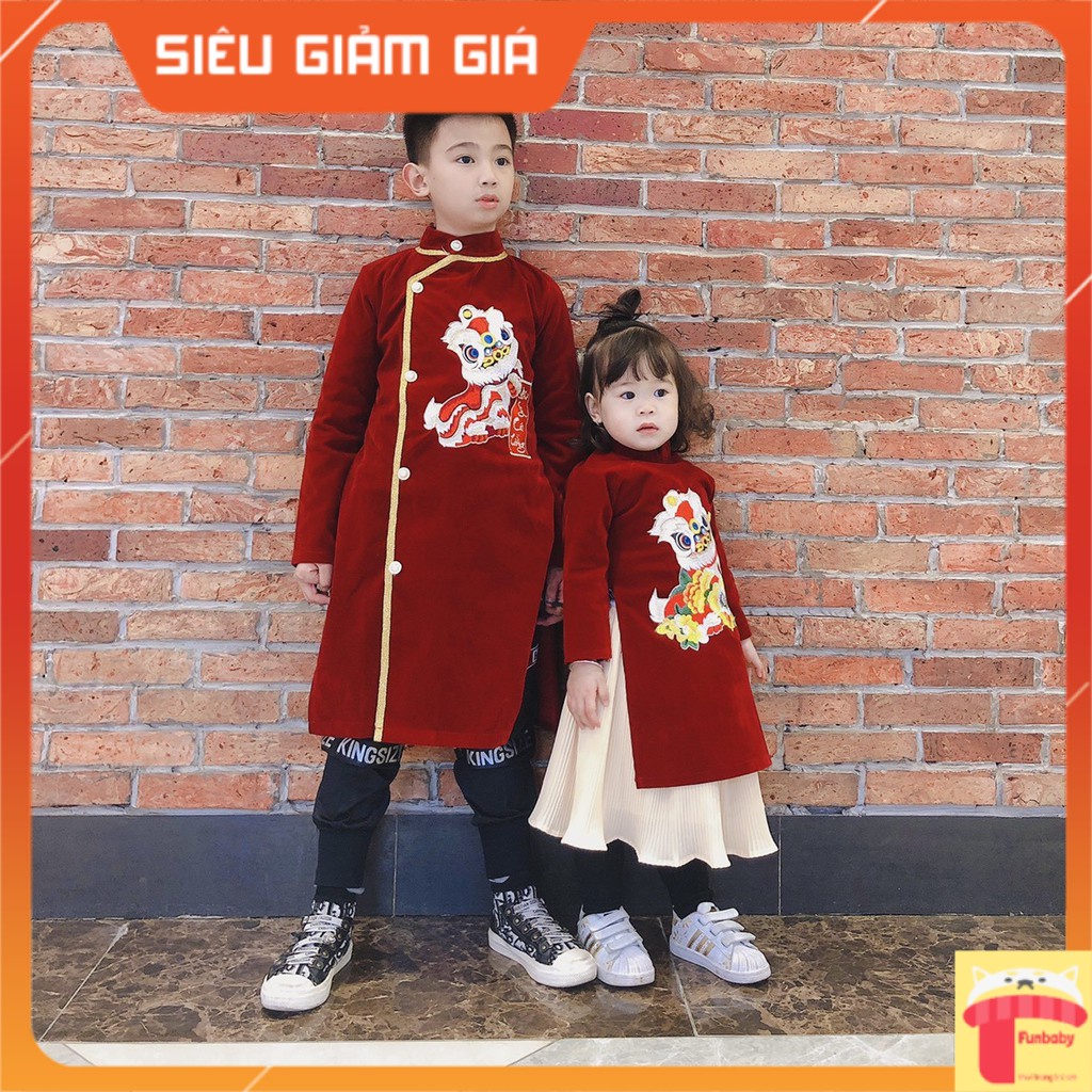 Áo dài tết cho bé gái và bé trai 1-8 tuổi vải nhung song lân
