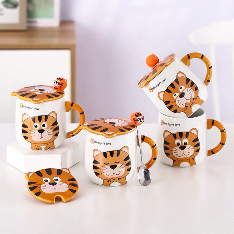 Cốc sứ ly sứ Tiểu Hổ có nắp thìa 450ml kèm hộp, túi quà 4 biểu cảm dễ thương dùng để uống nước pha cafe pha trà - Ráp