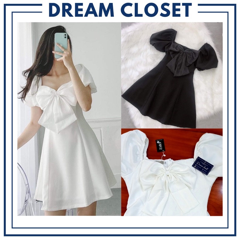 Đầm nơ ngực to trắng đen dạo phố dáng xòe nhẹ tay bồng phối nơ xinh xắn dễ thương
