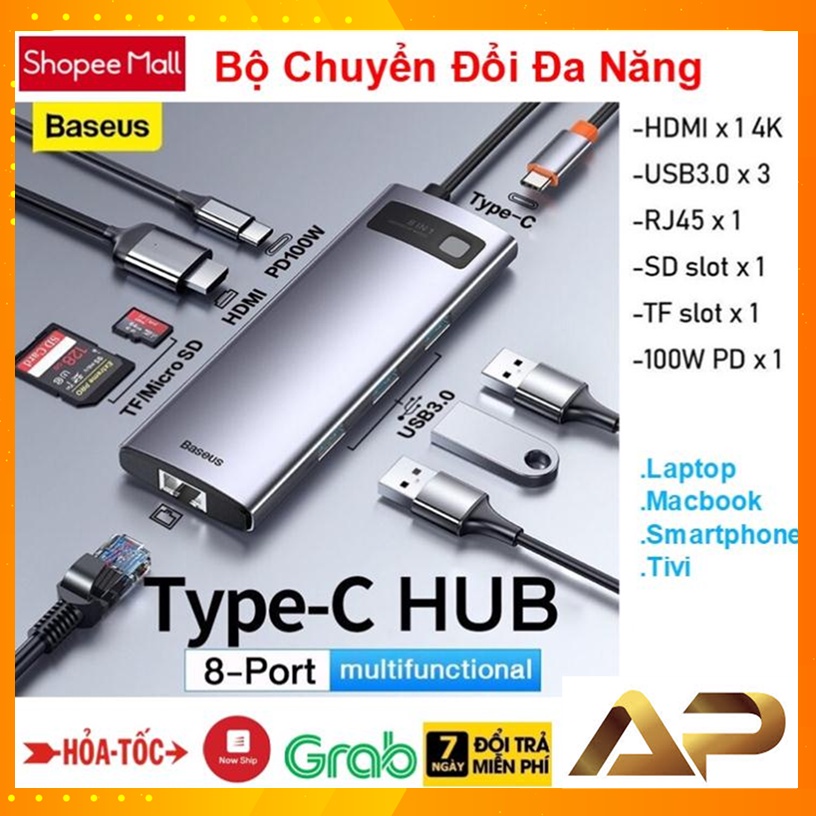 Bộ Chuyển Đổi Đa Năng Baseus 8 in 1 HUB HDMI 4K , USB 3.0 ,PD 100W , SD 2.0 , LAN Cho laptop ,Macbook , Samsung , Tivi .