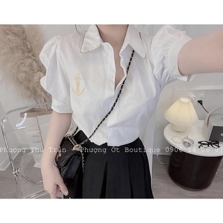 ANU861 - ÁO SƠ MI NỮ TRẮNG CỔ NHỌN THÊU MỎ NEO