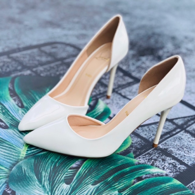 Giày cao gót khoét eo trắng đen nude da bóng cao 7-9-10p