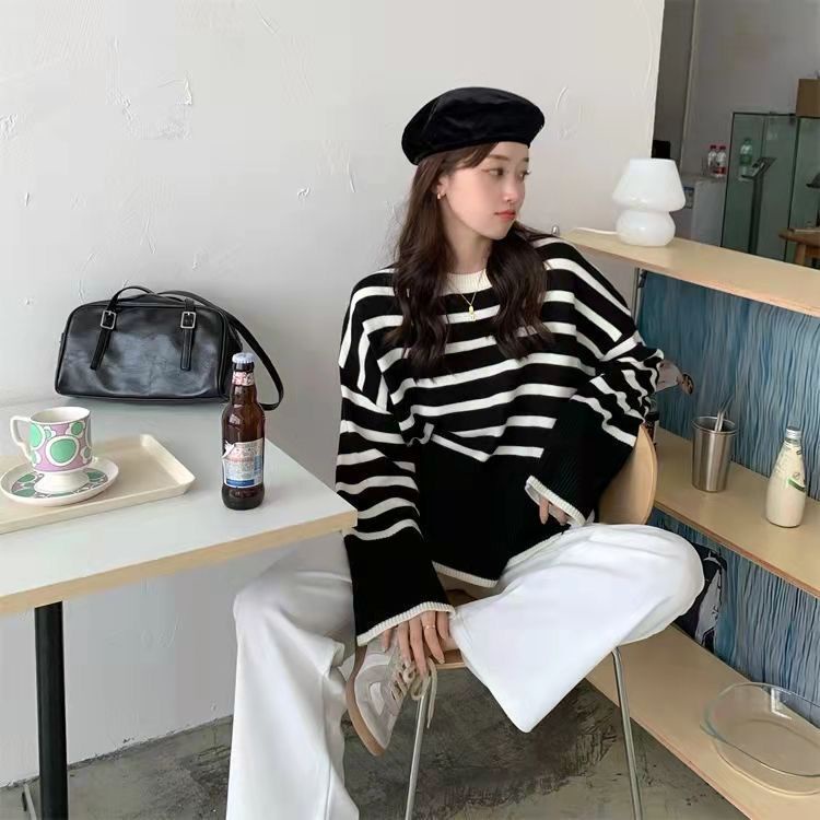 NZN Áo len nữ dài tay cổ tròn sọc ngang màu sắc thời trang