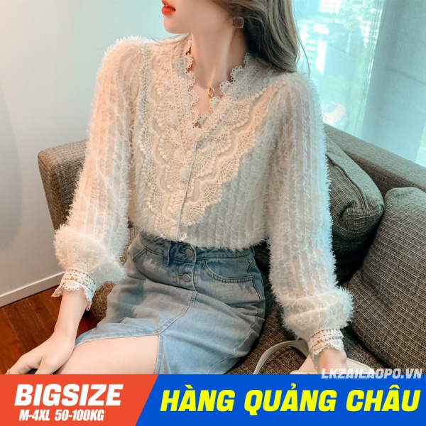 BIGSIZE nữ (45-70kg) Áo ren - Áo sơ mi kiểu ren đẹp cá tính tay phồng dài cổ chữ V phối thời trang thanh lịch cho nữ - Phong cách Hàn Quốc - quảng châu cao cấp