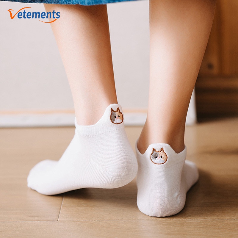 Vớ Cotton Cổ Thấp Thoáng Khí Thêu Họa Tiết Chú Mèo Dễ Thương Thời Trang Cho Nữ