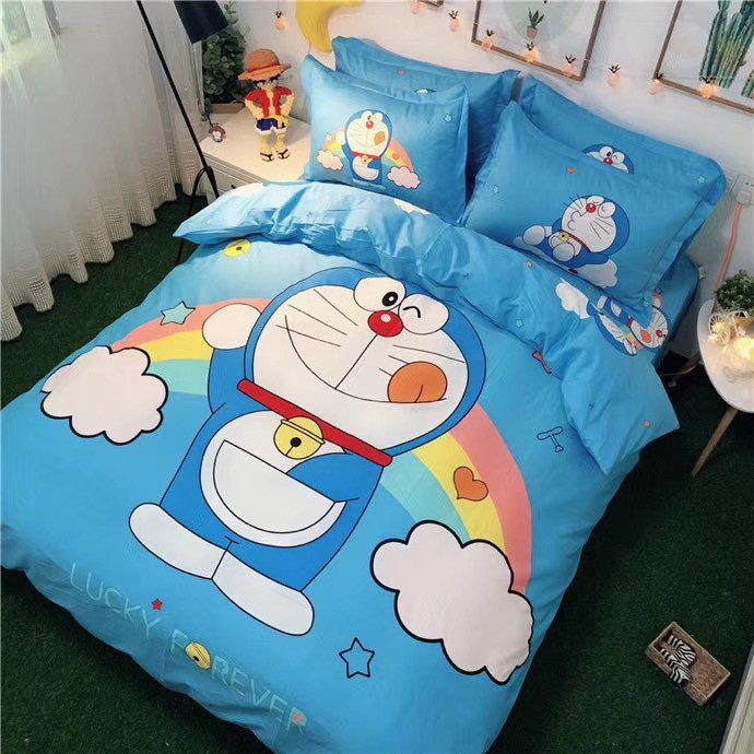 Set Chăn Ga Gối Coton Tina Cao Cấp Mẫu Doraemon Cầu Vồng Mềm Mịn Thoáng Mát Thấm Hút Tốt Cho Đệm 1m2 m4 m6 m8 2m 2m2
