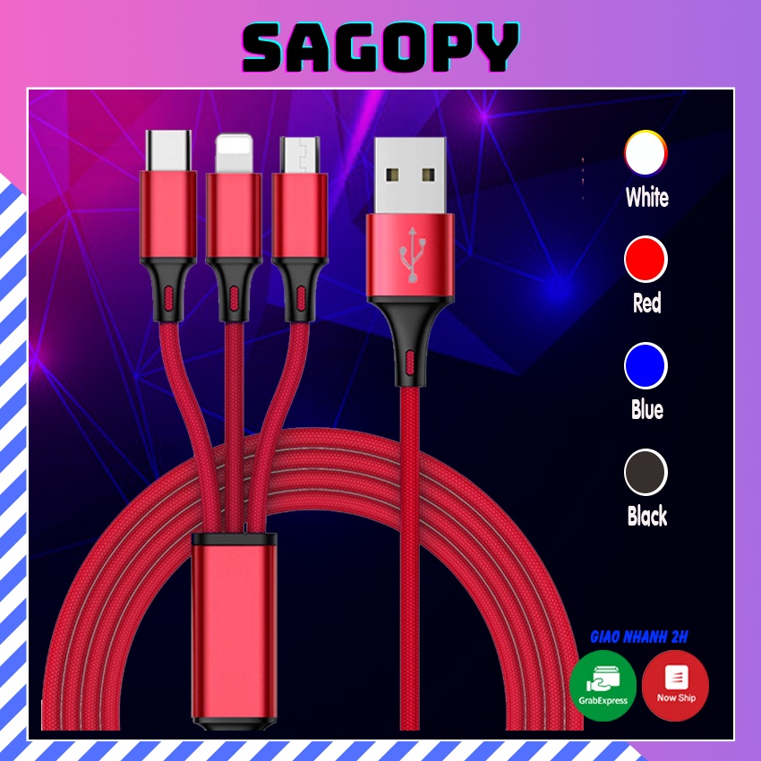 Dây cáp sạc nhanh Lightning, Samsung type c, micro usb android, dây cáp sạc điện thoại 3 đầu chính hãng giá rẻ Sagopy