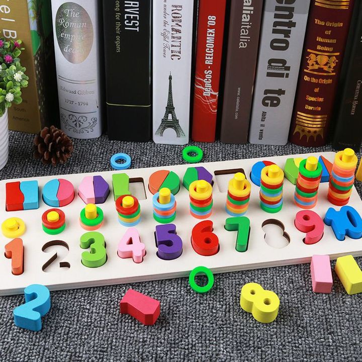 Bộ đồ chơi học tập bảng gỗ Montessori 3 dòng hình khối và chữ số dành cho bé