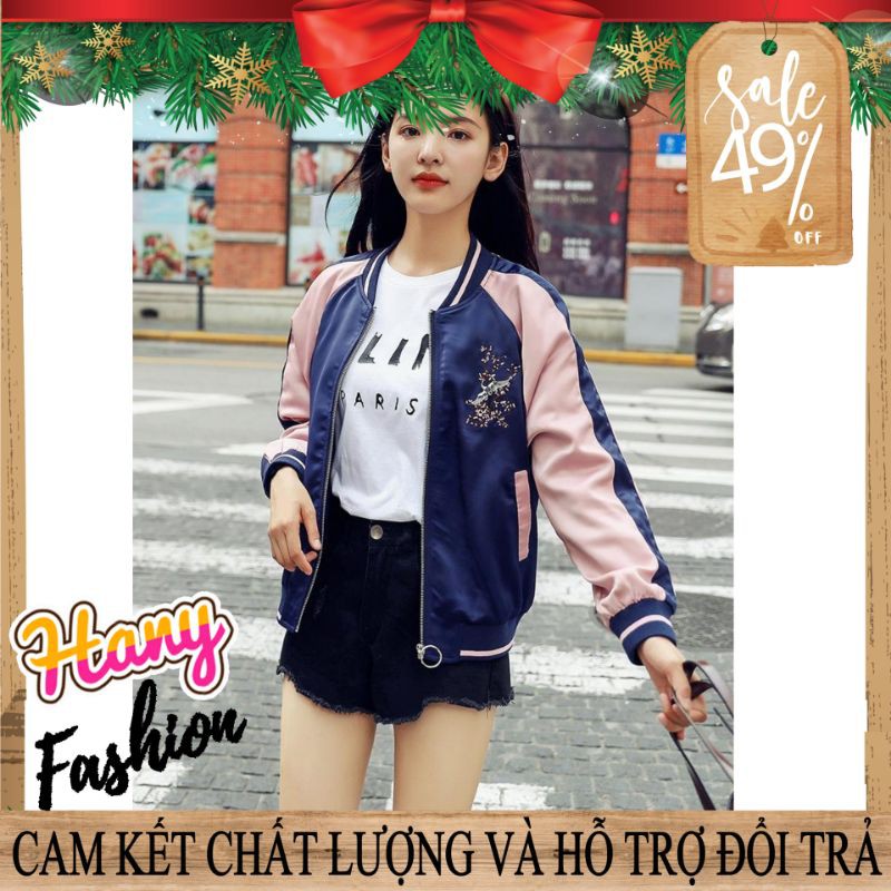 Áo khoác bomber unisex thêu hình chim hạc phối bo sọc siêu đẹp mẫu cao cấp || Hany Shop