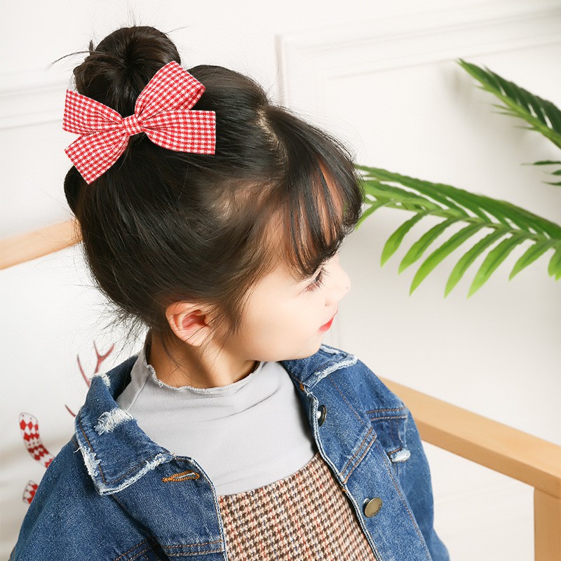 kẹp tóc nơ caro phong cách Hàn Quốc cho bé gái