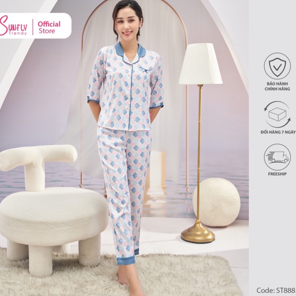 Bộ Đồ Mặc Nhà Nữ Pijamas Lụa Sunfly Áo Tay Lỡ Quần Dài St8885