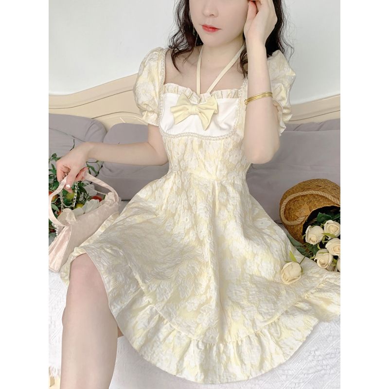 Váy babydoll tay phông Đầm Ngắn Ôm Eo Đính Nơ Dập Nổi Họa Tiết Ngọc Trai Phong Cách Nhật Bản Thời Trang Xuân Hè 2022 Mới