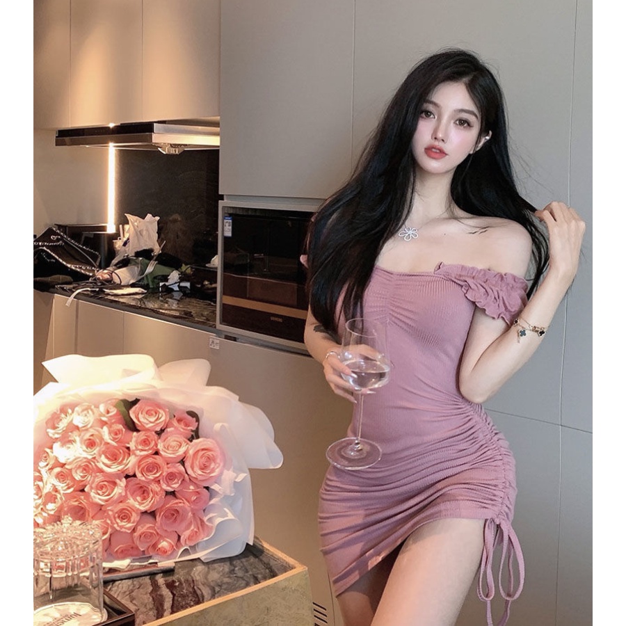 Đầm ôm body hai dây rút một bên màu hồng HDT282 Hỉn Hỉn Store