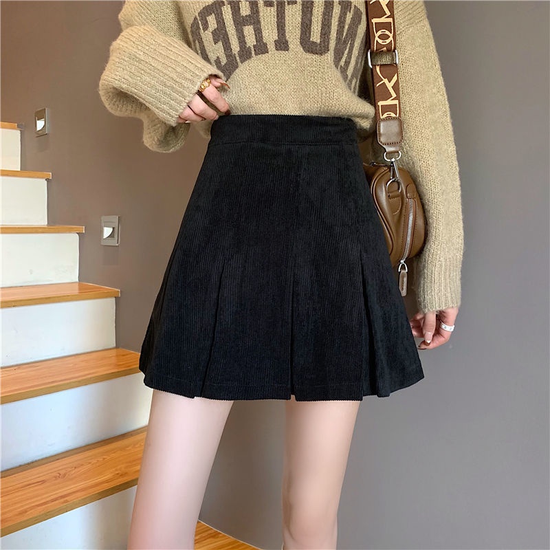 Chân váy chữ A ngắn lưng cao xếp ly bằng vải nhung phong cách Hàn Quốc thời trang
