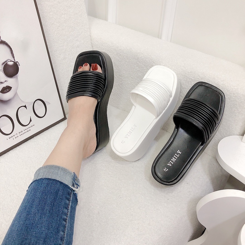 Dép nữ đế xuồng quai ngang kiểu dập ly đế bọc da cao 7P mẫu mới siêu Hot chất da mềm đi êm chân siêu tôn dáng