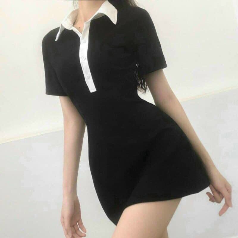 Đầm polo nữ,váy body cộc tay màu đen cổ phối trắng cá tính