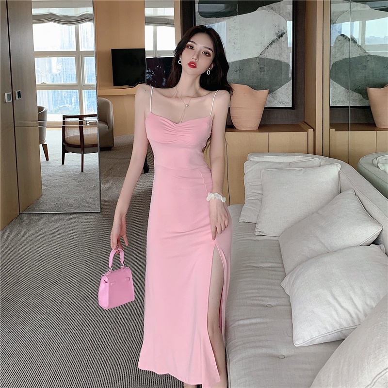 New sexy pleated V-neck split evening dress bottoming sheath dress women's close-fitting closed waist backless suspender dress P3AC