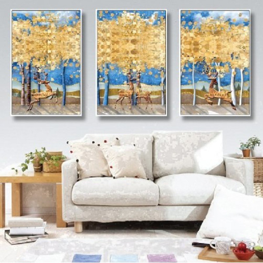 Bộ 3 tấm tranh canvas treo tường Lala Nghệ Thuật Hươu Cách Điệu Và Rừng Thu 3  kèm đinh 3 chân đa năng