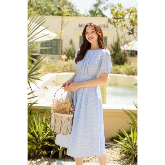 Đầm clothesrack cổ tròn tùng xếp ly xoè caro xanh Camy dress