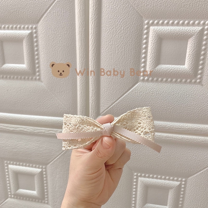 Kẹp tóc nơ ren handmade màu beige hàn quốc