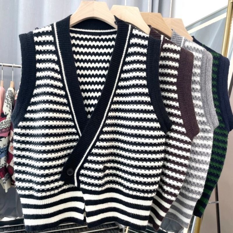 Áo Dệt Kim Sát Nách Cổ Chữ V Kẻ Sọc Ghép Màu Thời Trang Mùa Thu Cho Bạn Nữ | BigBuy360 - bigbuy360.vn