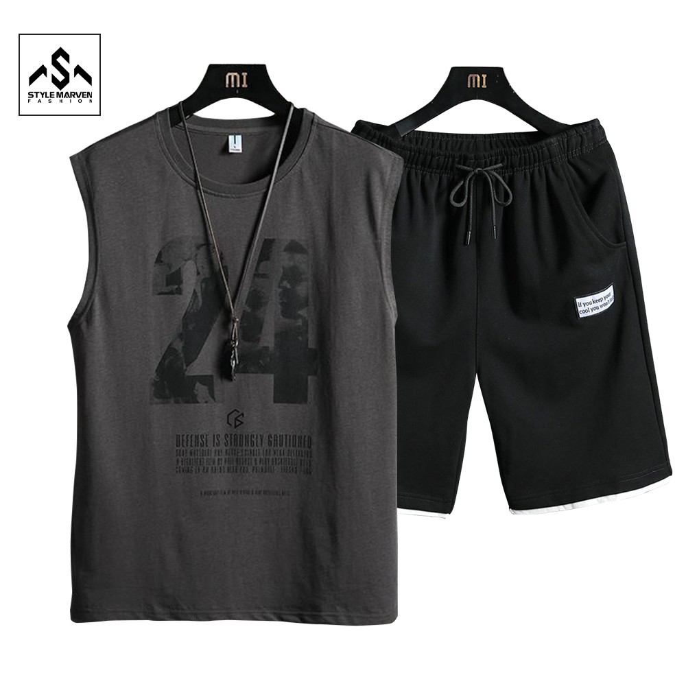 Bộ thun nam sát nách 24 STYLE MARVEN áo phông ba lỗ kết hợp quần shorts túi trơn thể thao - SET NAM 90000160