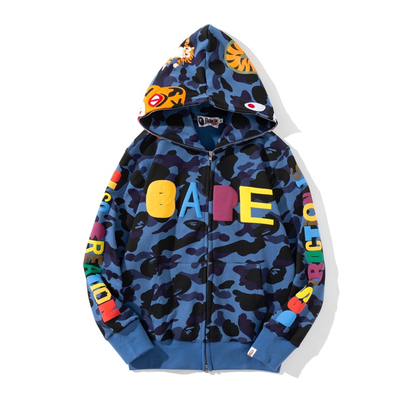 Áo hoodie bape tay dài có khóa kéo họa tiết rằn ri cá mập bape hàng mới cho nam và nữ