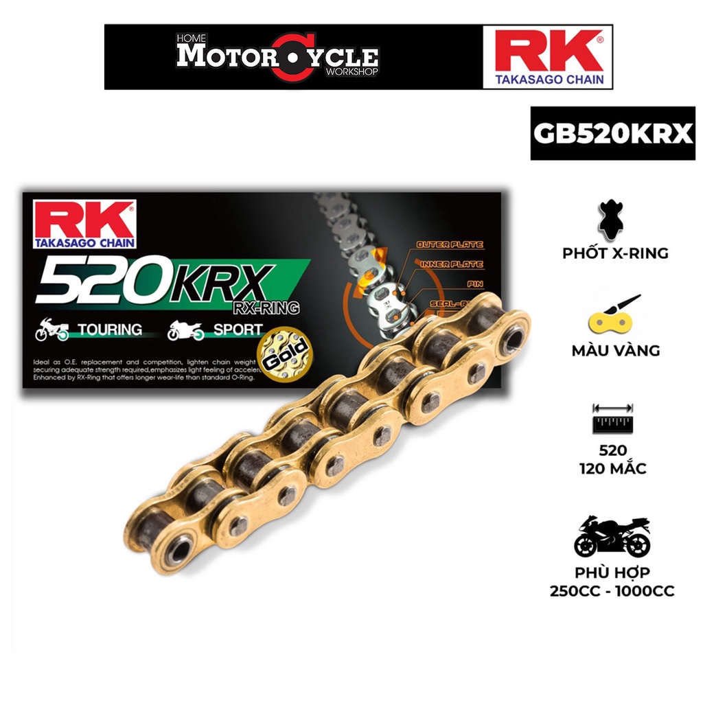 Sên xe phân khối lớn RK chính hãng 520 KRX, màu vàng, phốt cao su X-ring, kích thước 520, 120 mắc sên - Home Motorcycle