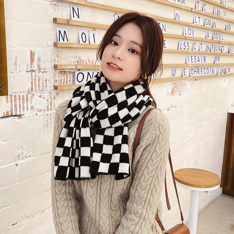 Khăn choàng cổ kẻ ca rô màu đen trắng bằng bông siêu mềm mịn đơn giản cá tính KL04