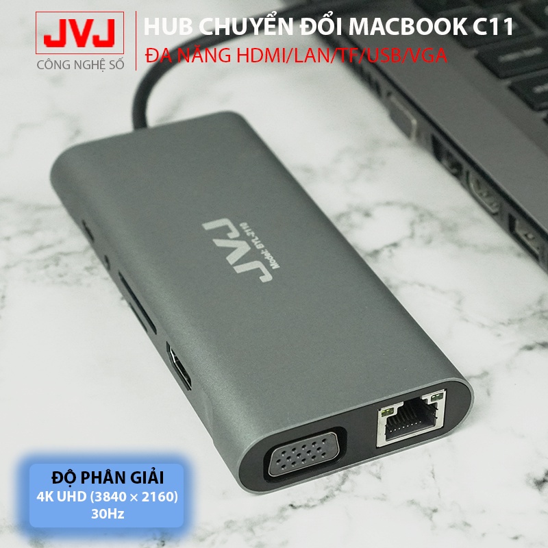 Hub chuyển đổi Macbook JVJ C11 cổng TypeC 11in1 sáng HDMI 4K, VGA, USB - C 3.0, cổng lan RJ45, TypeC 3.5mm BH 2 năm1đổi1 | BigBuy360 - bigbuy360.vn