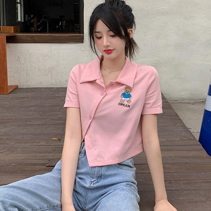 Áo Sơ Mi Tay Ngắn Cổ Polo In Hình Gấu Hoạt Hình Phong Cách Hàn Quốc Cho Nữ