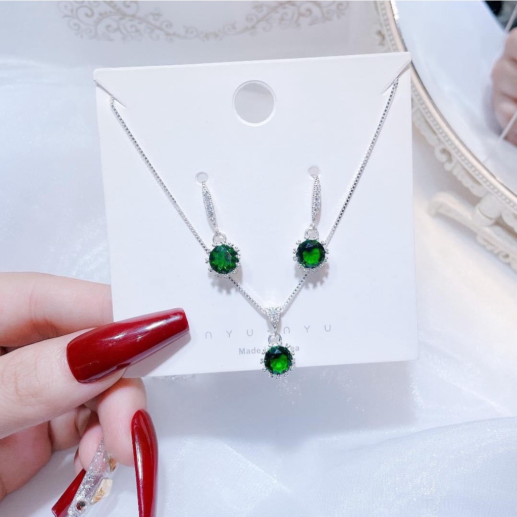 Combo trang sức bạc Dây chuyền + Bông tai gắn đá màu, phong cách trẻ trung năng động