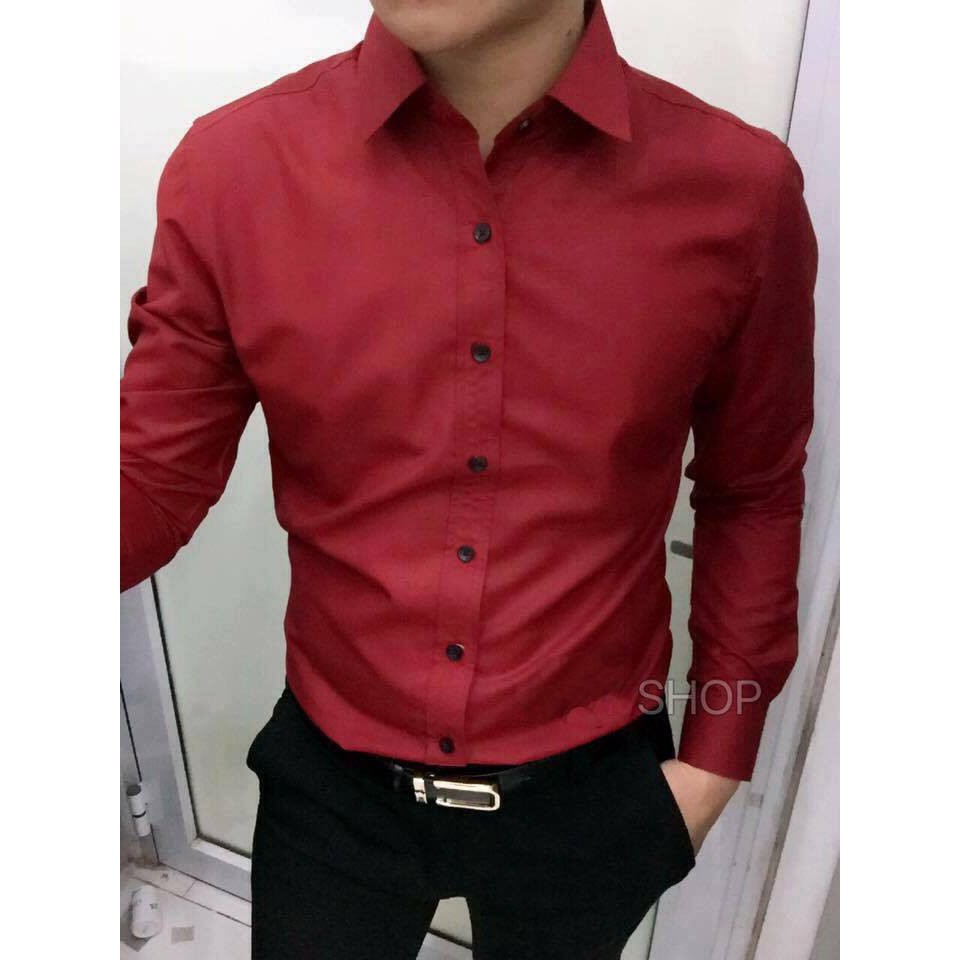 Set quần tây đen và áo sơmi đỏ đô body hàn quốc