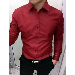 Set quần tây đen và áo sơmi đỏ đô body hàn quốc