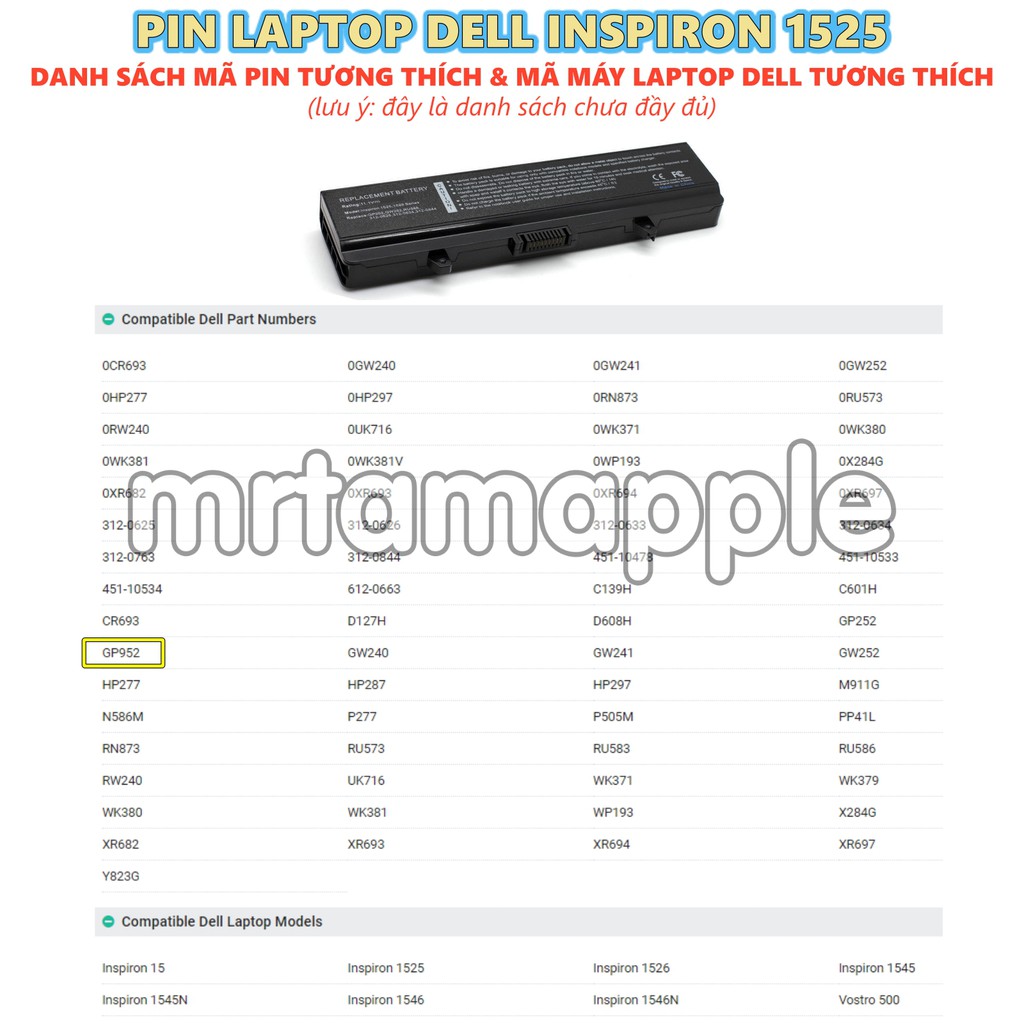Pin Laptop DELL INSPIRON 1525 - 6 CELL - Inspiron 1525 1526 1440 1545 1546 1750