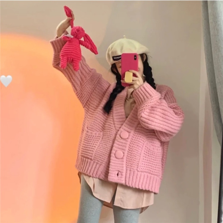 Áo Khoác Cardigan Cổ Chữ V Dáng Rộng Màu Hồng Thanh Lịch Thời Trang Dành Cho Nữ