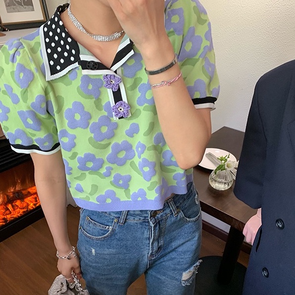 Áo thun polo ZHELIHANGFEI ngắn tay họa tiết hoa xinh xắn cho nữ