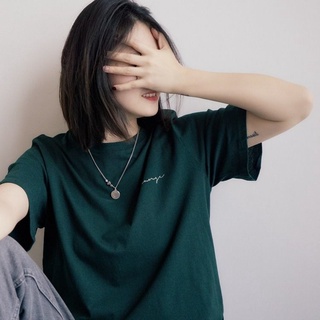 Áo thun cotton tay ngắn dáng rộng màu xanh lá đậm thời trang mùa hè phong cách Hồng Kông mới cho nữ 
