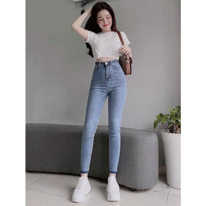Quần jean nữ lưng cao co giãn có túi, quần bò cạp cao skinny jeans bigsize trơn dài basic