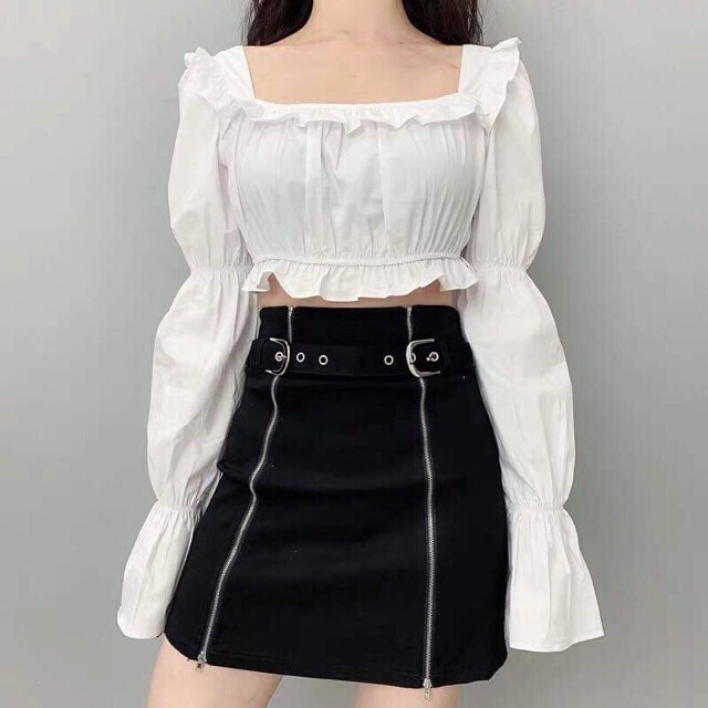 Set đồ ulzzang ( chân váy kéo khoá 2 bên , và áo crt tay bồng ) | BigBuy360 - bigbuy360.vn