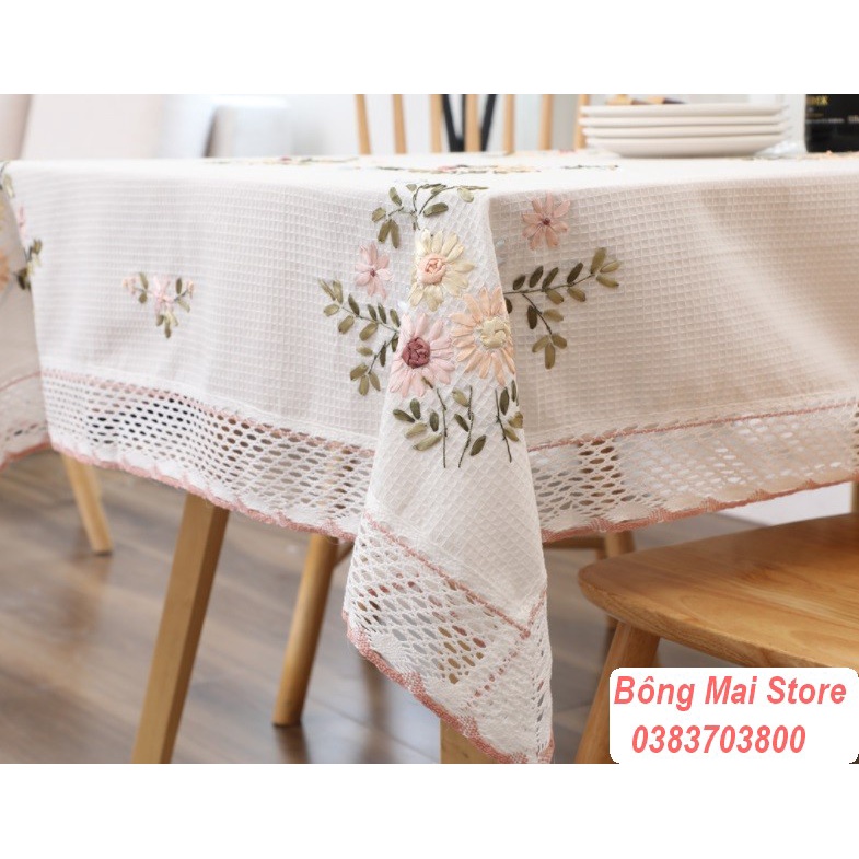 [100*150cm] Khăn trải bàn vải cotton viền ren hoạ tiết thêu nổi phong cách vintage sang trọng [T051]