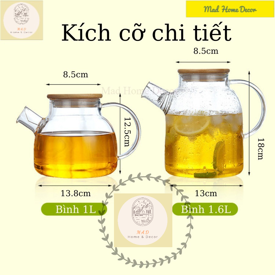 Bình detox, ấm trà thủy tinh cao cấp, kiểu dáng hiện đại, nắp gỗ và nắp inox 1L - 1,6L