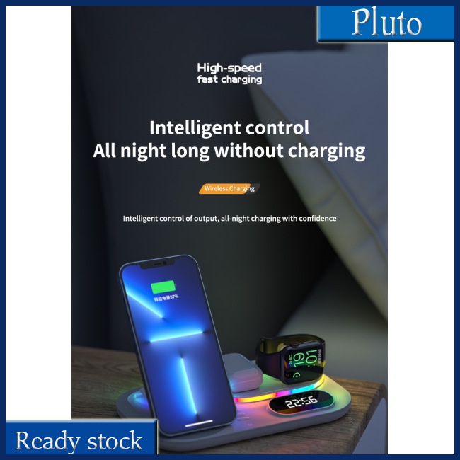 Đế Sạc Nhanh Không Dây 4 Trong 1 Kiêm Đồng Hồ Báo Thức Cho Airpods Pro Iwatch Rgb Có Đèn Led Cho Iphone