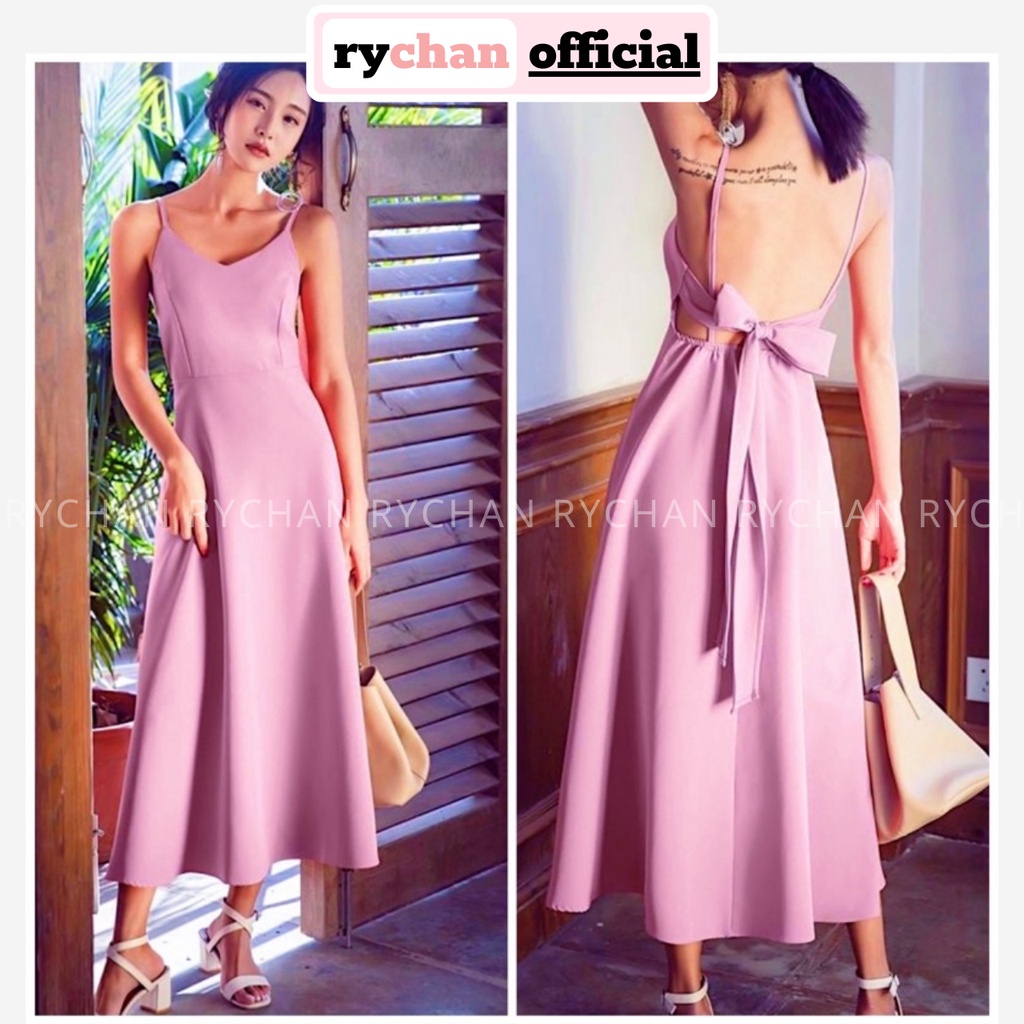 Đầm Nữ Đi Du Lịch Dáng Dài Xòe 2 Dây Nơ Sau Bo Eo Cực Tôn Dáng, Đầm Nữ Đi Biển Cực Chuộng Màu Hồng Không Sến - DX9874