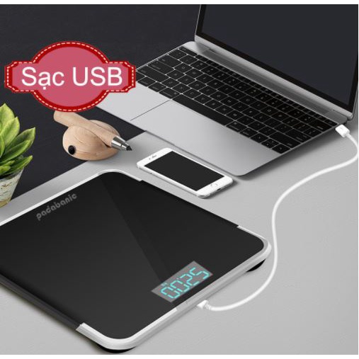 Cân điện tử sạc USB Padabanic, Cân sức khỏe gia đình chuẩn xác có hiện thị nhiệt độ phòng,tặng kèm dây đo