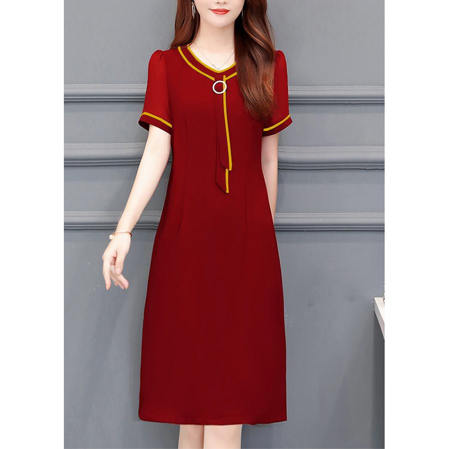 GOTI - Đầm Suông Dạo Phố Kiểu Chữ A Công Sở Nữ Cổ Tim Phối Viền Cách Điệu 3188