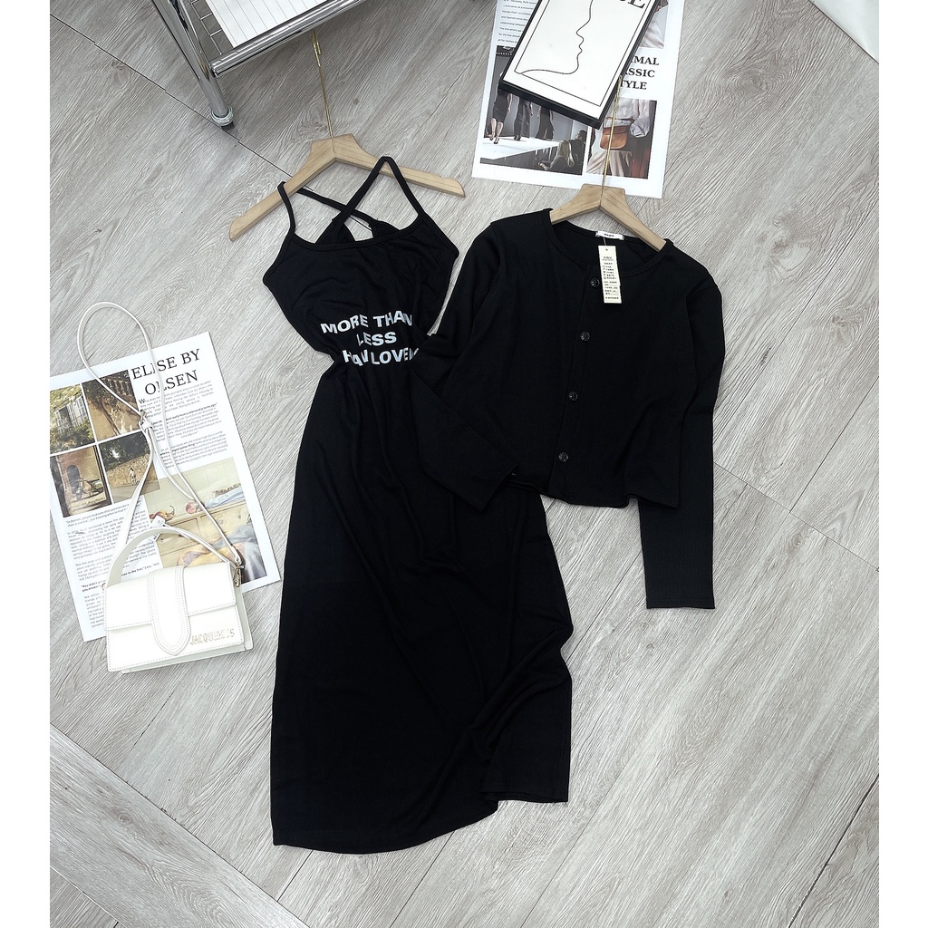 Set 2 món váy áo body chữ đan chéo dây mix áo khoác ngoài dài tay DN120